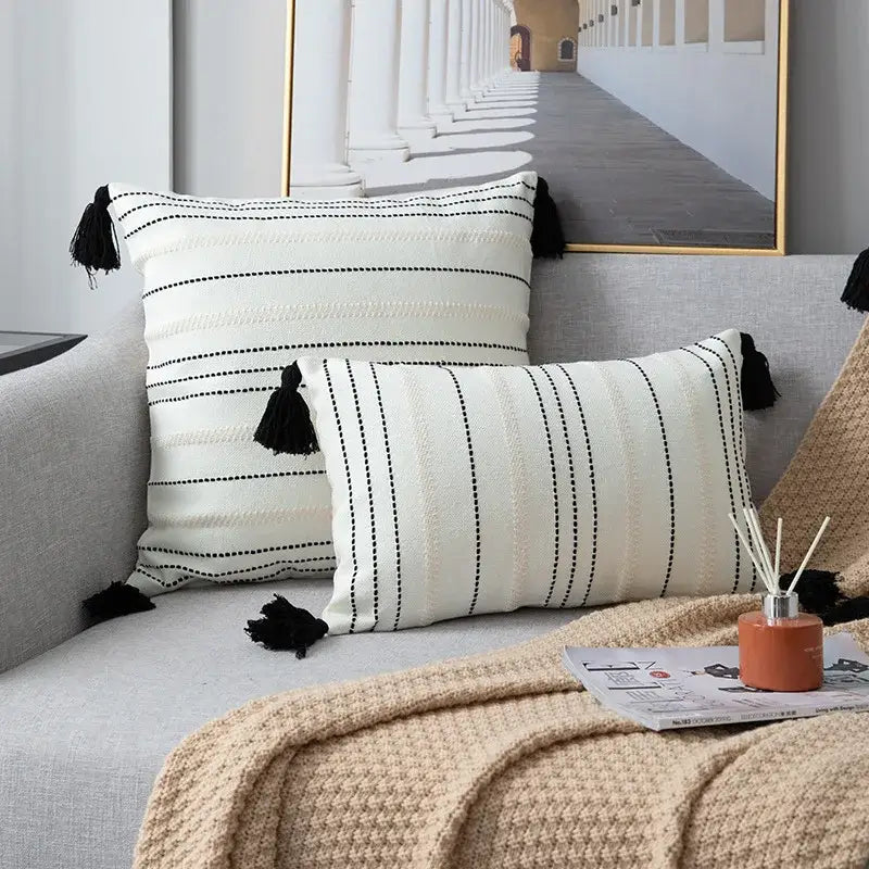 Cream-colored cushion cover with black stripe crochet dotted stripes and tassels for living room decor