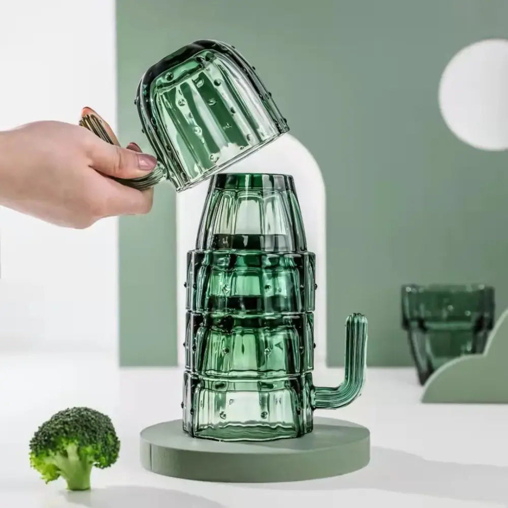 Green cactus glass mug with textured ridges and handle ideal for kitchen decorbites cactus glass drinking cup