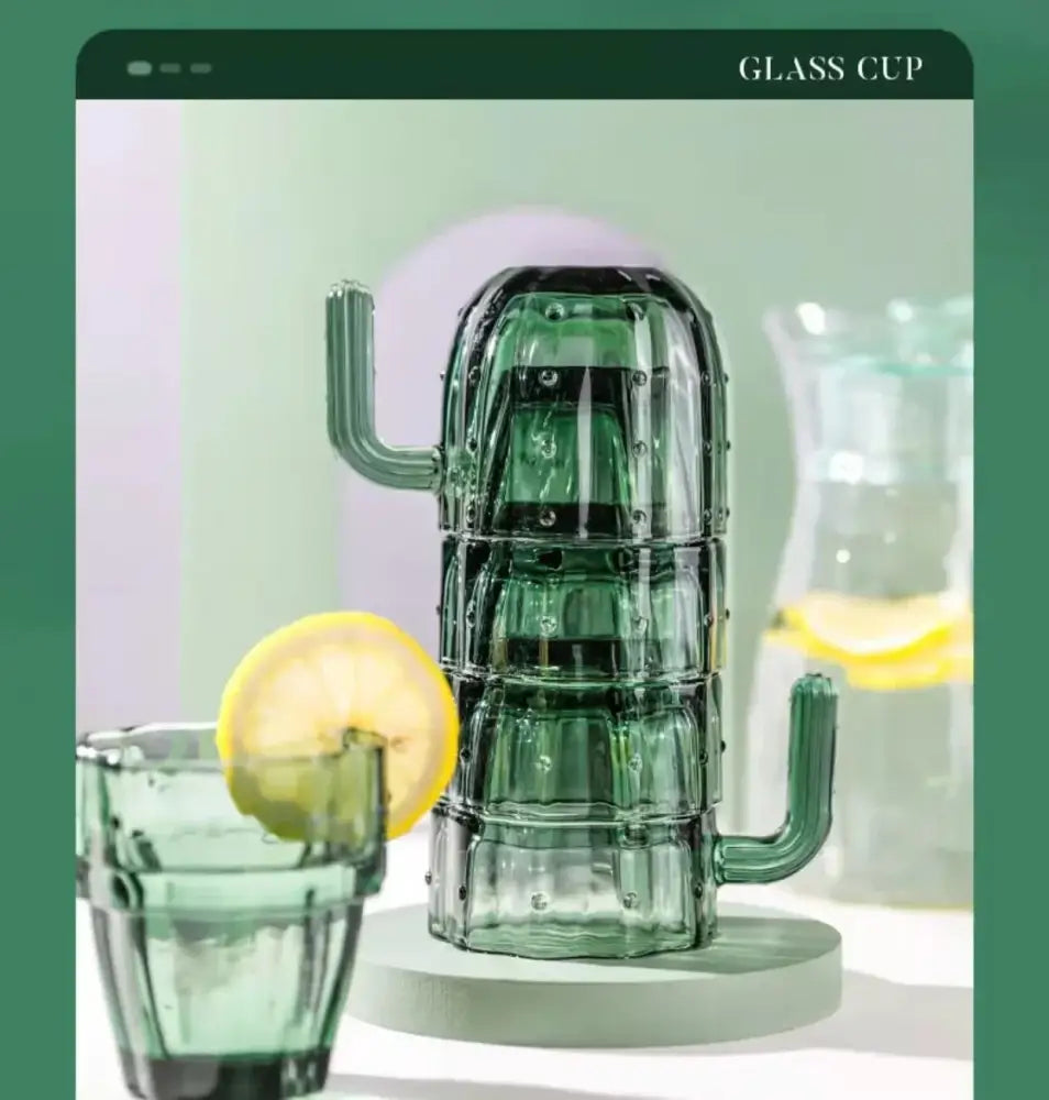 Green cactus glass mug with textured ridges and spiky protrusions by decorbites for kitchen use