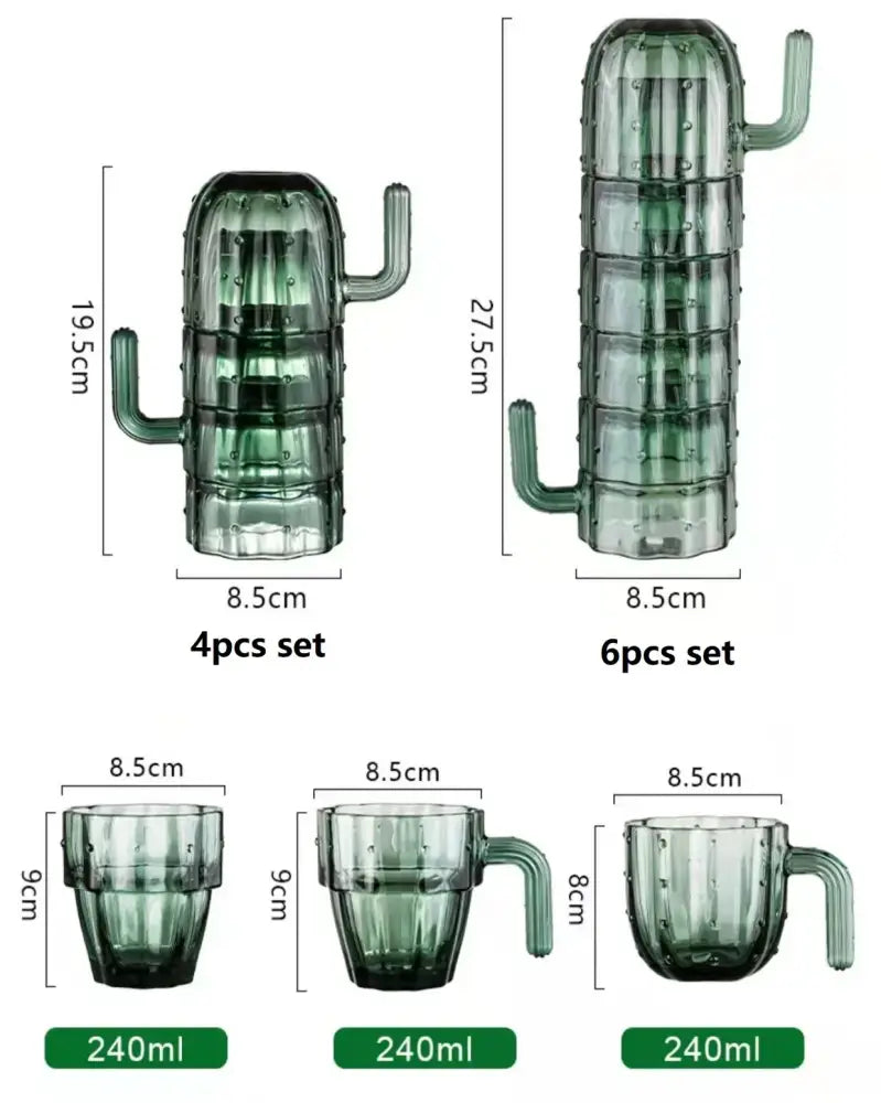 Set of translucent green decorbites cactus glass mugs with handles and textured ridges in 4-piece and 6-piece sets