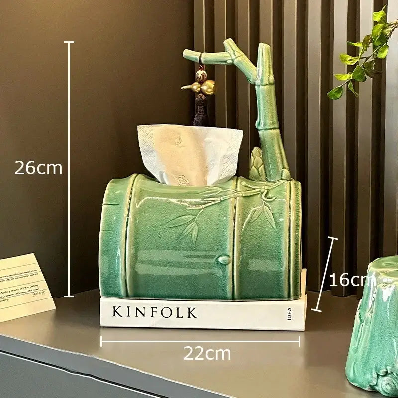 Green ceramic bamboo tissue box designed as a bamboo stalk with carved leaf details for living room decor