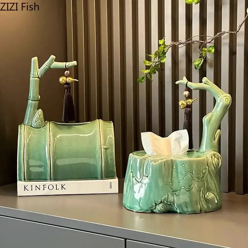 Green ceramic bamboo tissue box with intricate carvings and decorative branch for living room decor