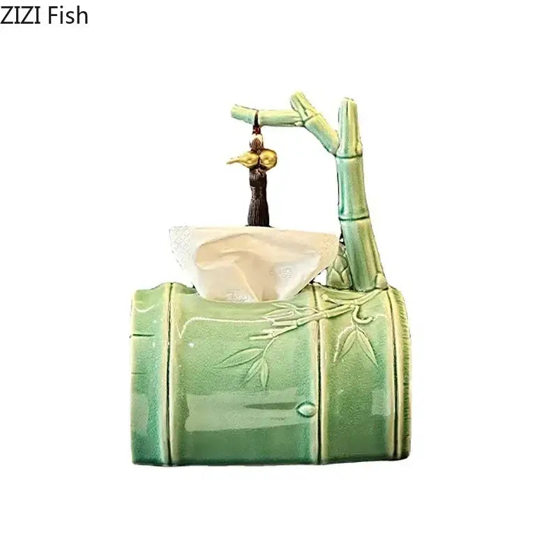 Green ceramic bamboo tissue box shaped like a bamboo stalk with an ornamental bird for living room decor