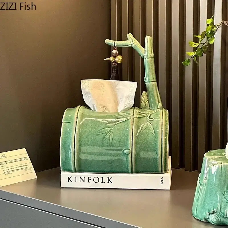 Green ceramic bamboo tissue box shaped like a stalk with carved leaves and branch detail for living room decor