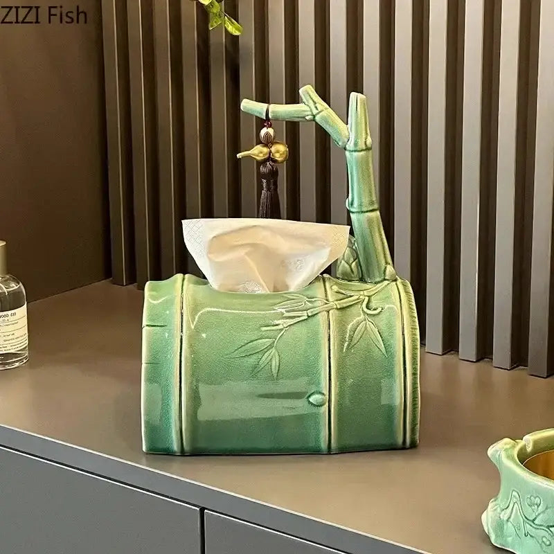 Green ceramic bamboo tissue box shaped like a bamboo stalk with carved leaves and a decorative bird for living room decor