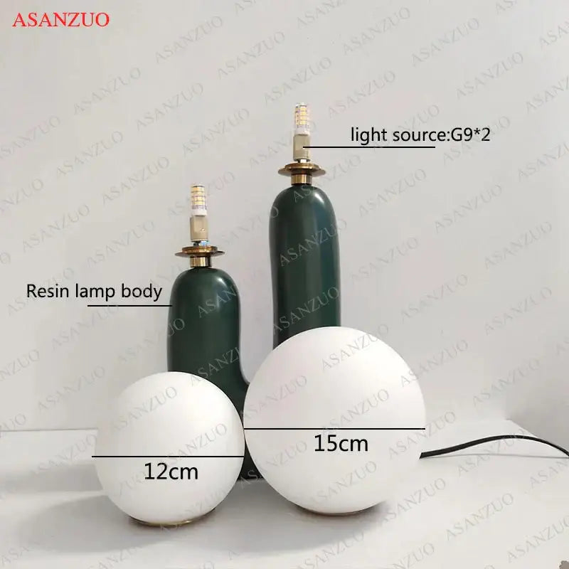 Green ceramic double frosted glass table lamp with dark green resin body and gold-toned g9 light for bedroom