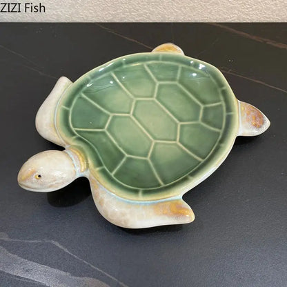 Green and cream ceramic turtle statue desk trinket dish with glossy finish for bedroom decoration