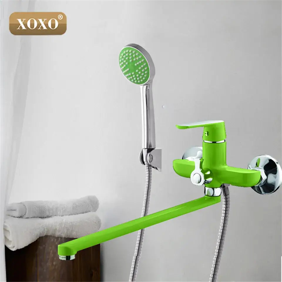 Green and chrome bath shower faucet set with bright green xoxo brand and matching handheld showerhead