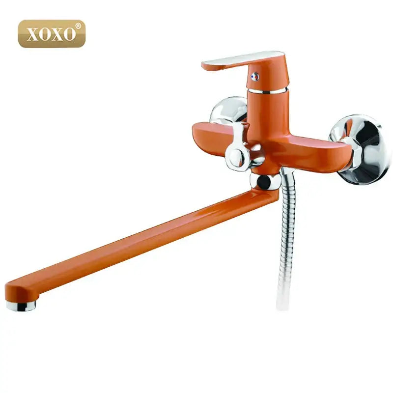 Green and chrome bath shower faucet set with orange xoxo wall-mounted faucet chrome accents and flexible hose