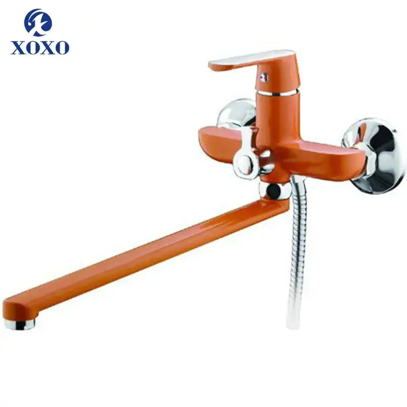 Green and chrome bath shower faucet set with wall-mounted orange xoxo handheld faucet and flexible hose for bath shower use