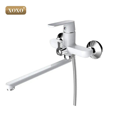 White and chrome xoxo brand wall-mounted bath shower faucet with long spout and detachable flexible hose