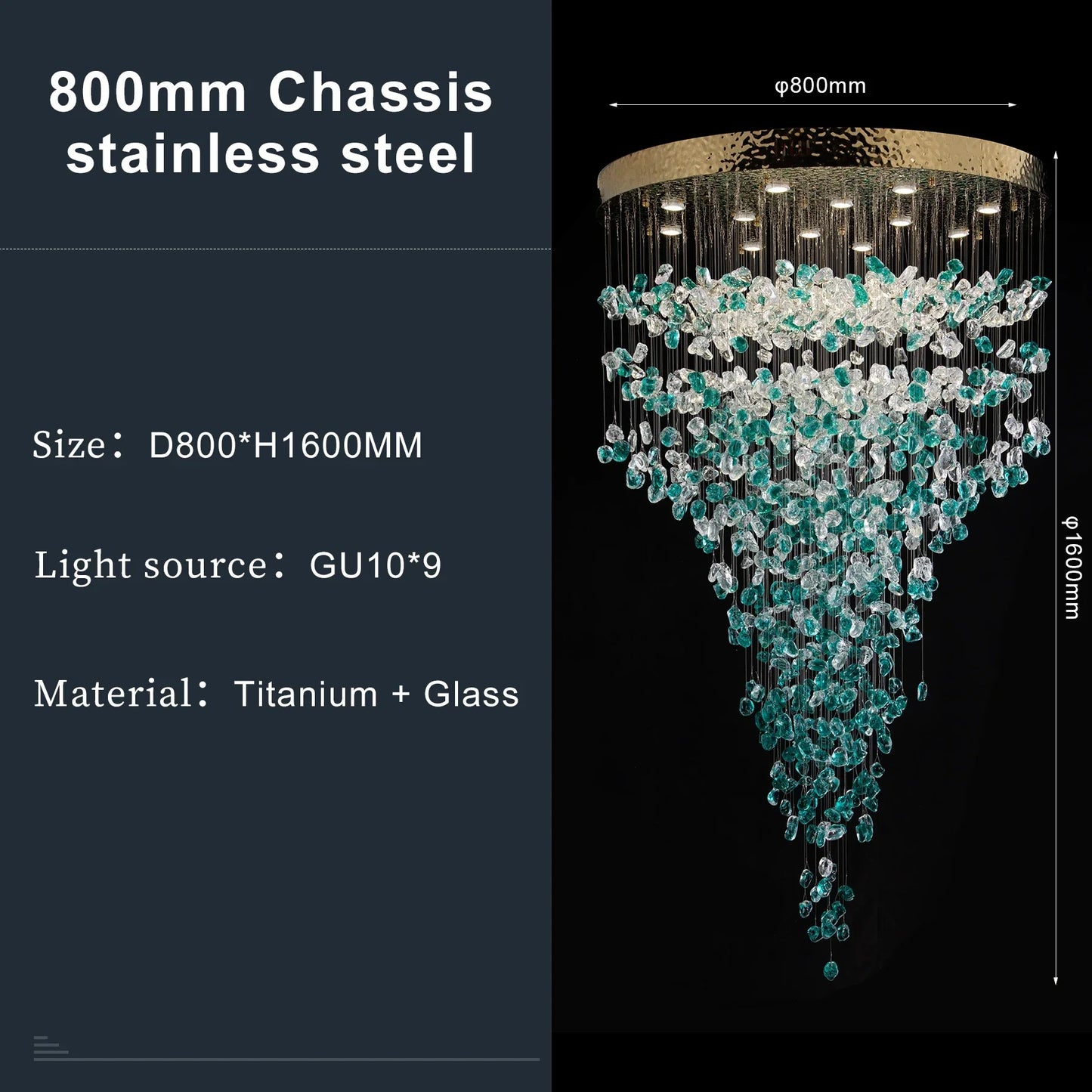 Green Crystal Stone Chandelier for Modern Spaces - D80cmxH160cm / Natural Light - Chandelier