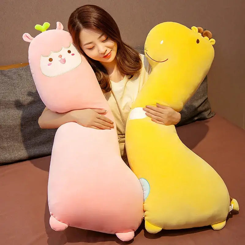 Pink and yellow plush dinosaur cartoon comfort body pillows with soft fabric and embroidered facial features for bedroom gift