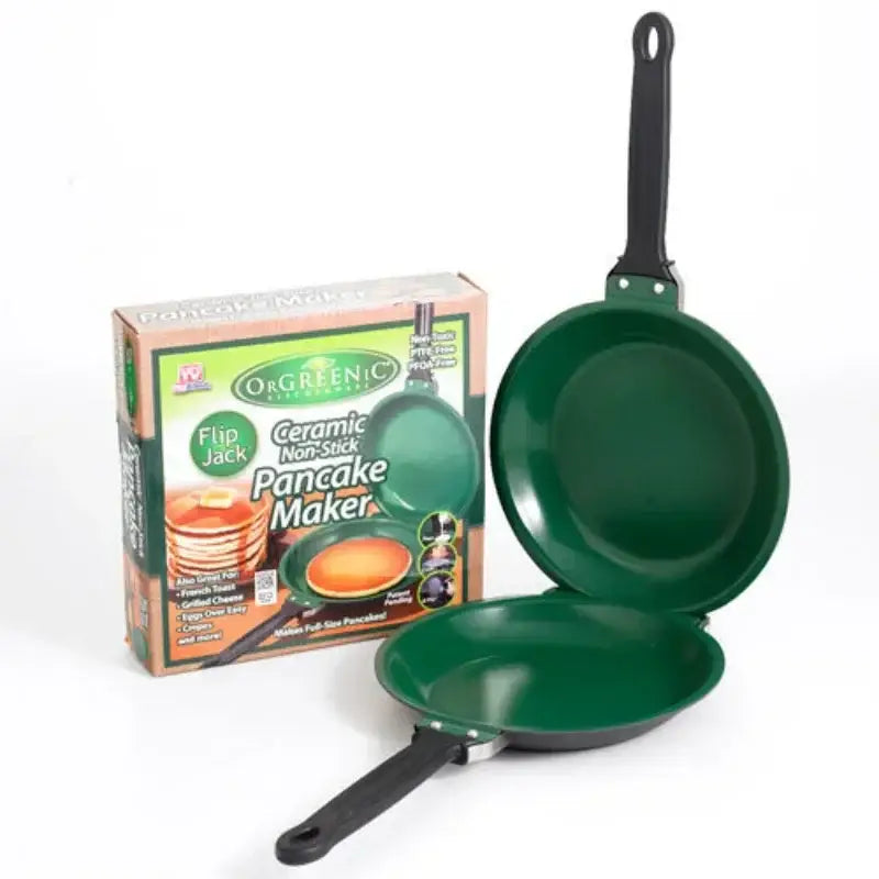 Green ceramic non-stick double sided pancake frying pan with black handles for easy kitchen omelet making