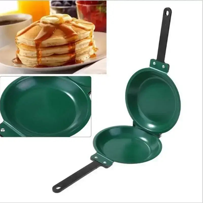 Green double sided pancake frying pan with black handles designed for easy omelet and pancake cooking