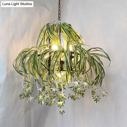 Green Farmhouse Chandelier: Circular Cage Pendant Light with 5 Bulbs and Flower Decor