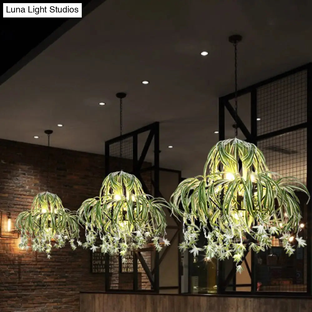 Green Farmhouse Chandelier: Circular Cage Pendant Light with 5 Bulbs and Flower Decor