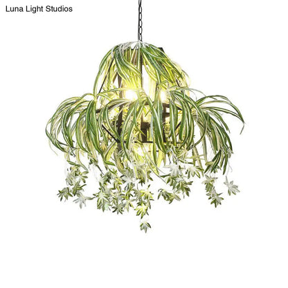 Green Farmhouse Chandelier: Circular Cage Pendant Light with 5 Bulbs and Flower Decor