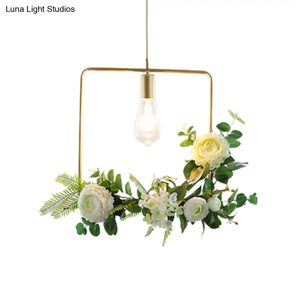 Green Farmhouse Fake Floral Ceiling Lamp: 1-Light Metallic Pendant with Triangle/Square/Linear Frame