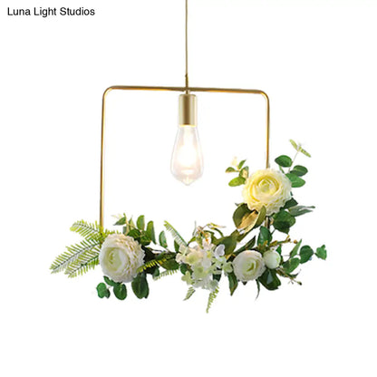 Green Farmhouse Fake Floral Ceiling Lamp: 1-Light Metallic Pendant with Triangle/Square/Linear Frame