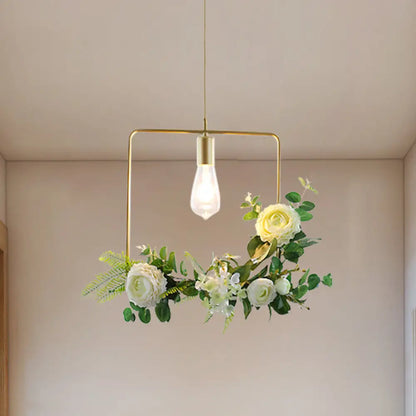 Green Farmhouse Fake Floral Ceiling Lamp: 1-Light Metallic Pendant with Triangle/Square/Linear Frame