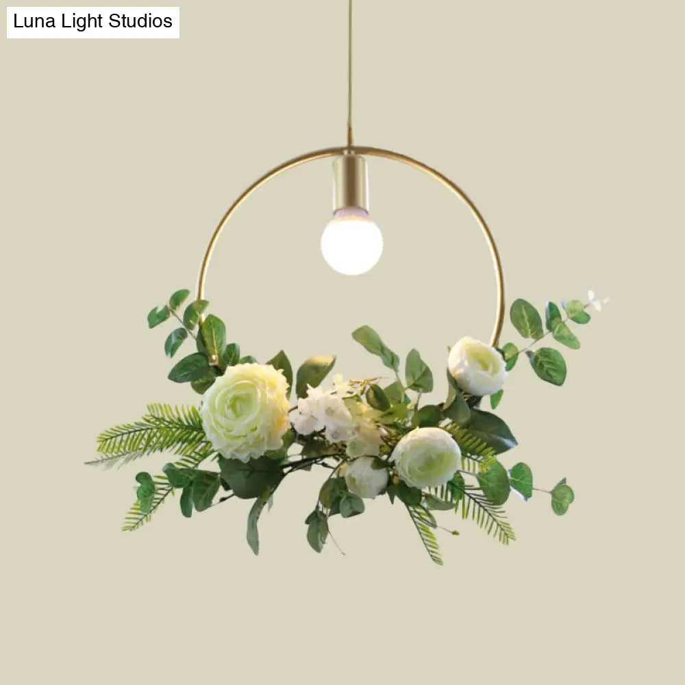 Green Farmhouse Fake Floral Ceiling Lamp: 1-Light Metallic Pendant with Triangle/Square/Linear Frame