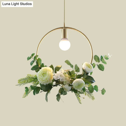 Green Farmhouse Fake Floral Ceiling Lamp: 1-Light Metallic Pendant with Triangle/Square/Linear Frame