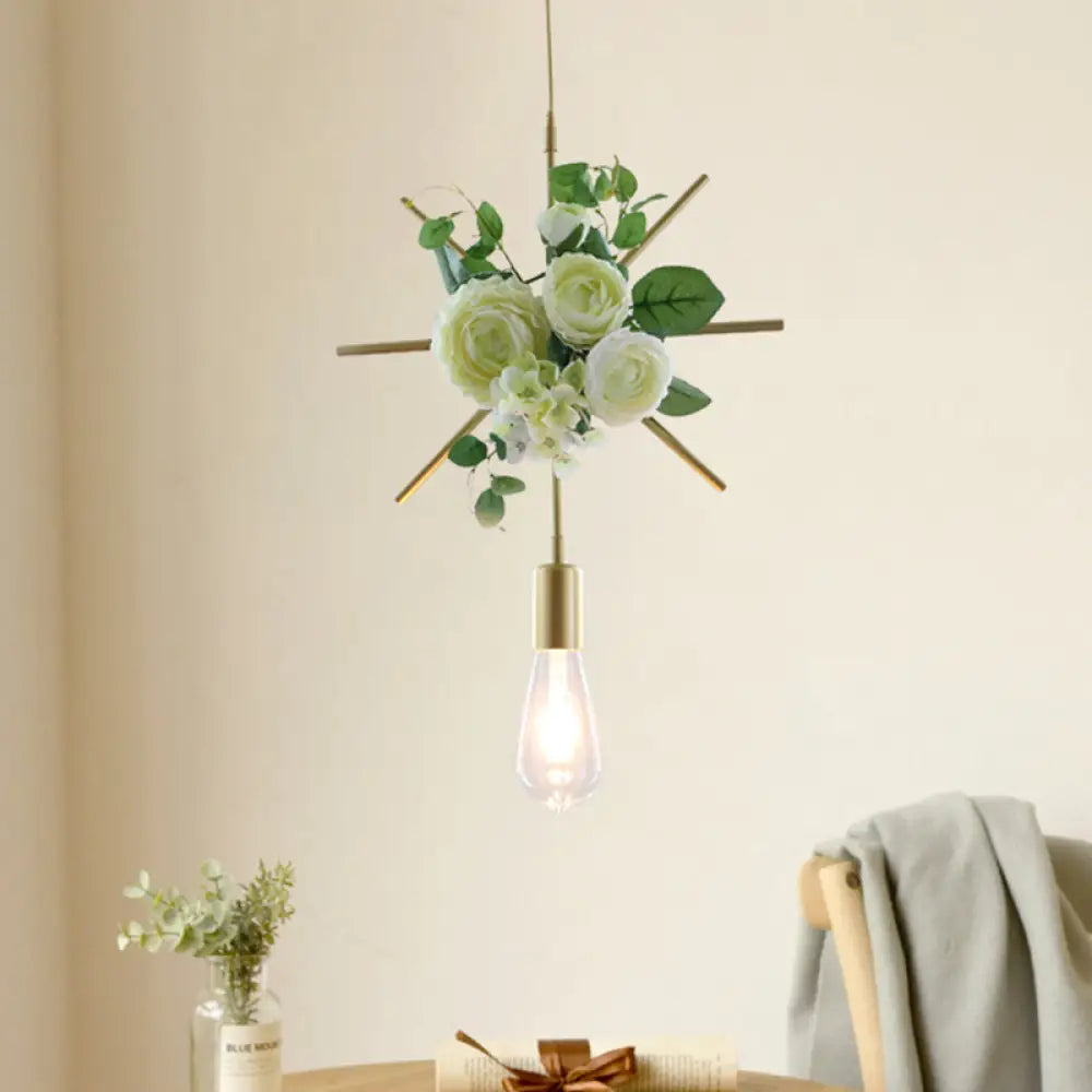 Green Farmhouse Fake Floral Ceiling Lamp: 1-Light Metallic Pendant with Triangle/Square/Linear Frame