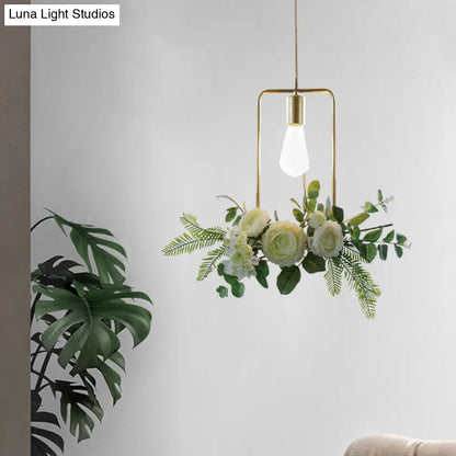 Green Farmhouse Fake Floral Ceiling Lamp: 1-Light Metallic Pendant with Triangle/Square/Linear Frame