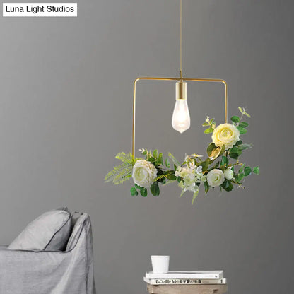 Green Farmhouse Fake Floral Ceiling Lamp: 1-Light Metallic Pendant with Triangle/Square/Linear Frame