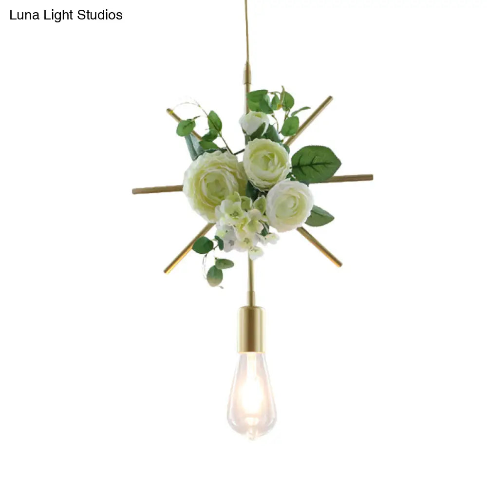 Green Farmhouse Fake Floral Ceiling Lamp: 1-Light Metallic Pendant with Triangle/Square/Linear Frame