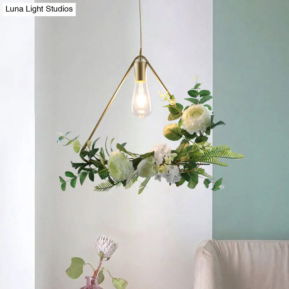 Green Farmhouse Fake Floral Ceiling Lamp: 1-Light Metallic Pendant with Triangle/Square/Linear Frame