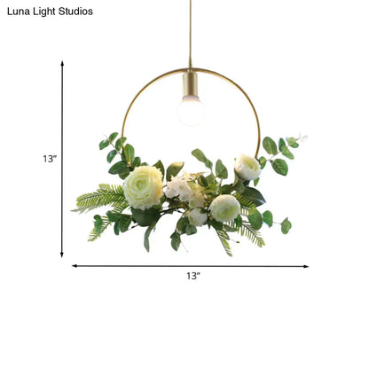 Green Farmhouse Fake Floral Ceiling Lamp: 1-Light Metallic Pendant with Triangle/Square/Linear Frame