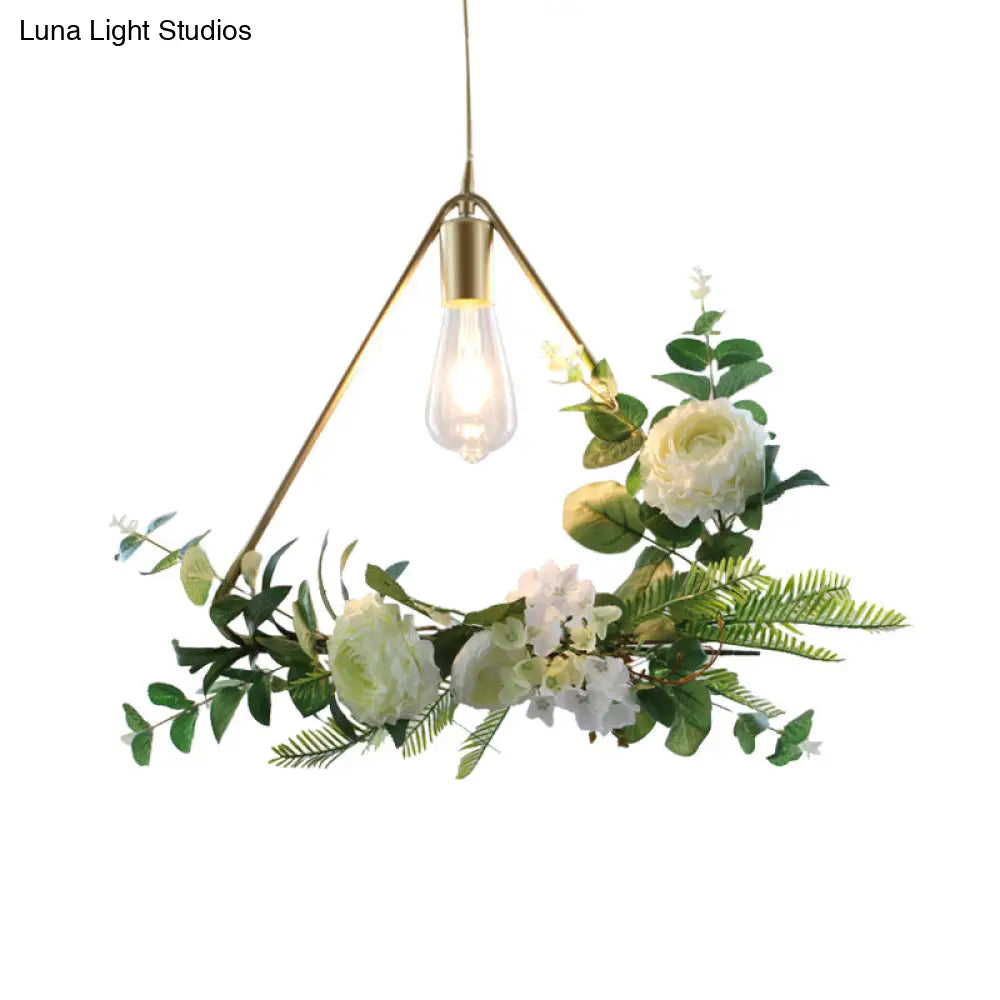 Green Farmhouse Fake Floral Ceiling Lamp: 1-Light Metallic Pendant with Triangle/Square/Linear Frame