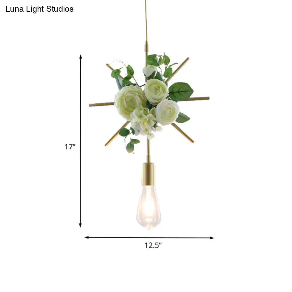 Green Farmhouse Fake Floral Ceiling Lamp: 1-Light Metallic Pendant with Triangle/Square/Linear Frame