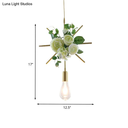 Green Farmhouse Fake Floral Ceiling Lamp: 1-Light Metallic Pendant with Triangle/Square/Linear Frame