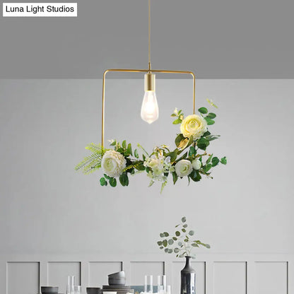 Green Farmhouse Fake Floral Ceiling Lamp: 1-Light Metallic Pendant with Triangle/Square/Linear Frame