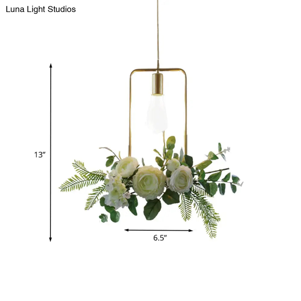 Green Farmhouse Fake Floral Ceiling Lamp: 1-Light Metallic Pendant with Triangle/Square/Linear Frame