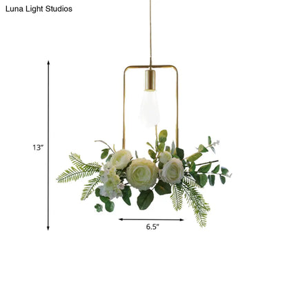 Green Farmhouse Fake Floral Ceiling Lamp: 1-Light Metallic Pendant with Triangle/Square/Linear Frame