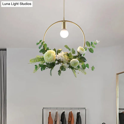 Green Farmhouse Fake Floral Ceiling Lamp: 1-Light Metallic Pendant with Triangle/Square/Linear Frame