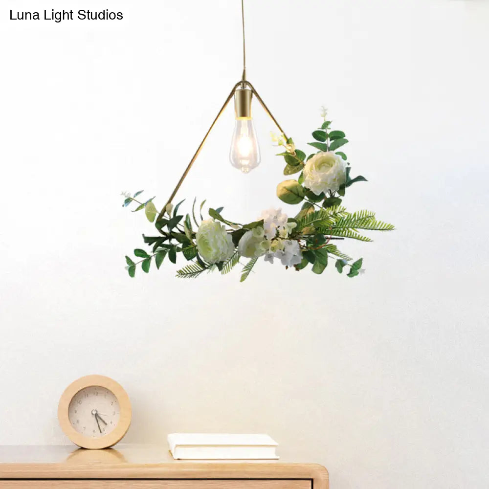 Green Farmhouse Fake Floral Ceiling Lamp: 1-Light Metallic Pendant with Triangle/Square/Linear Frame