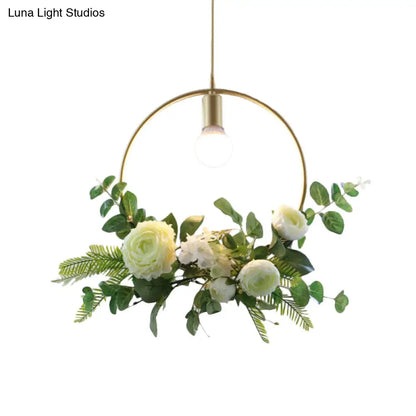 Green Farmhouse Fake Floral Ceiling Lamp: 1-Light Metallic Pendant with Triangle/Square/Linear Frame