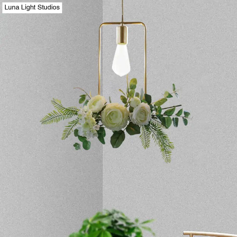 Green Farmhouse Fake Floral Ceiling Lamp: 1-Light Metallic Pendant with Triangle/Square/Linear Frame