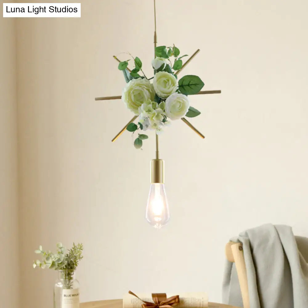 Green Farmhouse Fake Floral Ceiling Lamp: 1-Light Metallic Pendant with Triangle/Square/Linear Frame