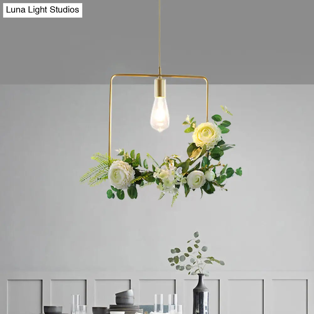 Green Farmhouse Fake Floral Ceiling Lamp: 1-Light Metallic Pendant with Triangle/Square/Linear Frame