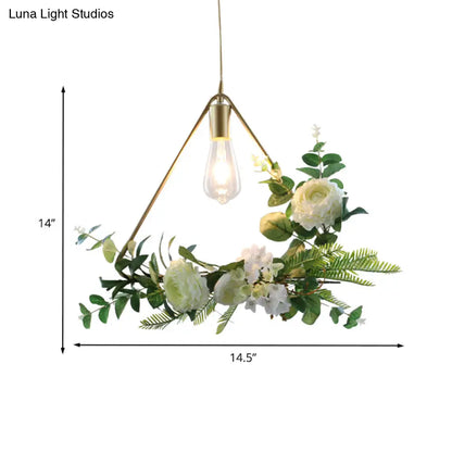 Green Farmhouse Fake Floral Ceiling Lamp: 1-Light Metallic Pendant with Triangle/Square/Linear Frame