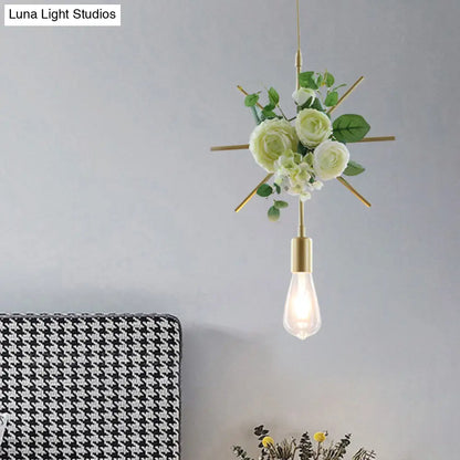 Green Farmhouse Fake Floral Ceiling Lamp: 1-Light Metallic Pendant with Triangle/Square/Linear Frame