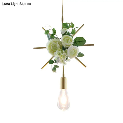 Green Farmhouse Fake Floral Ceiling Lamp: 1-Light Metallic Pendant with Triangle/Square/Linear Frame