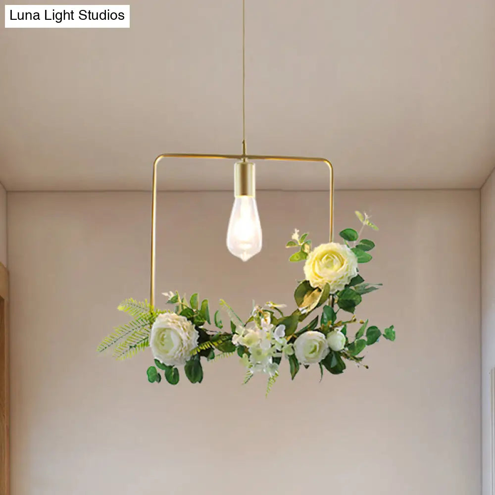 Green Farmhouse Fake Floral Ceiling Lamp: 1-Light Metallic Pendant with Triangle/Square/Linear Frame