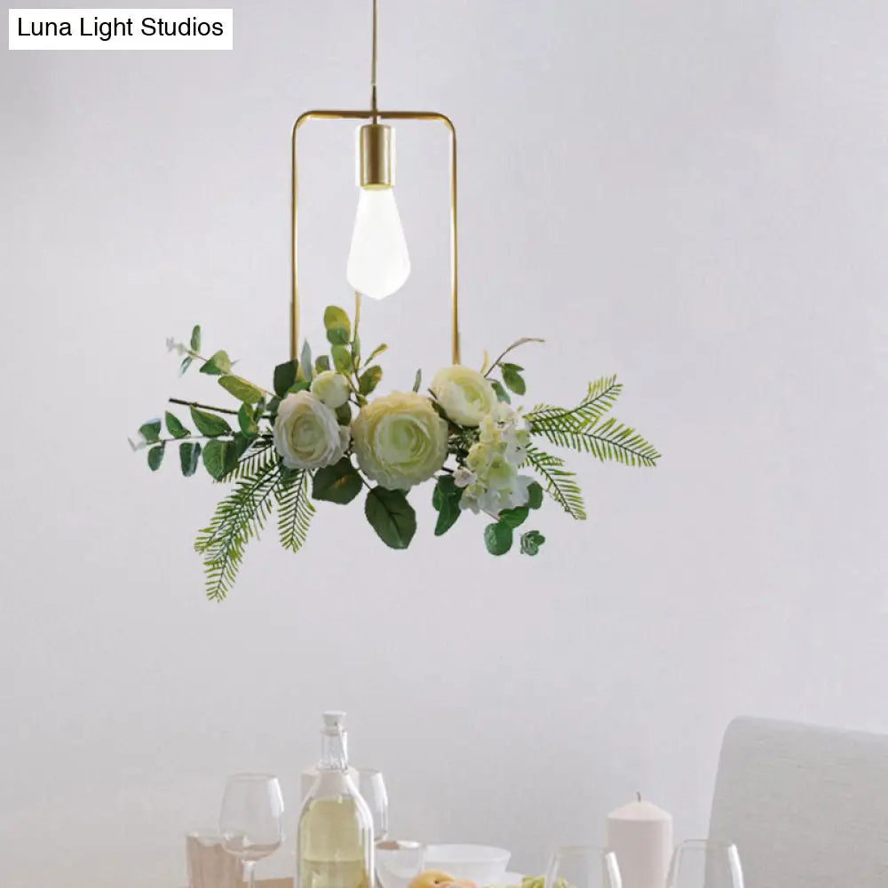 Green Farmhouse Fake Floral Ceiling Lamp: 1-Light Metallic Pendant with Triangle/Square/Linear Frame